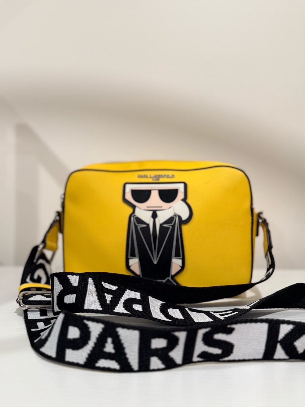 Karl Lagerfeld Yellow Crossbody with Karl Character Patch and Branded Strap